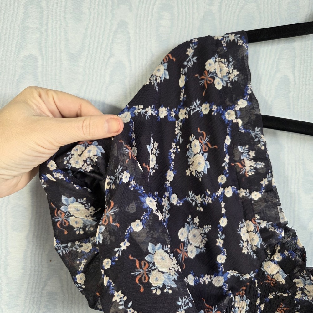 Lauren Conrad Small Midi Dress Smocked Navy Floral Puff Sleeve Cottage Delicate - Picture 2 of 10